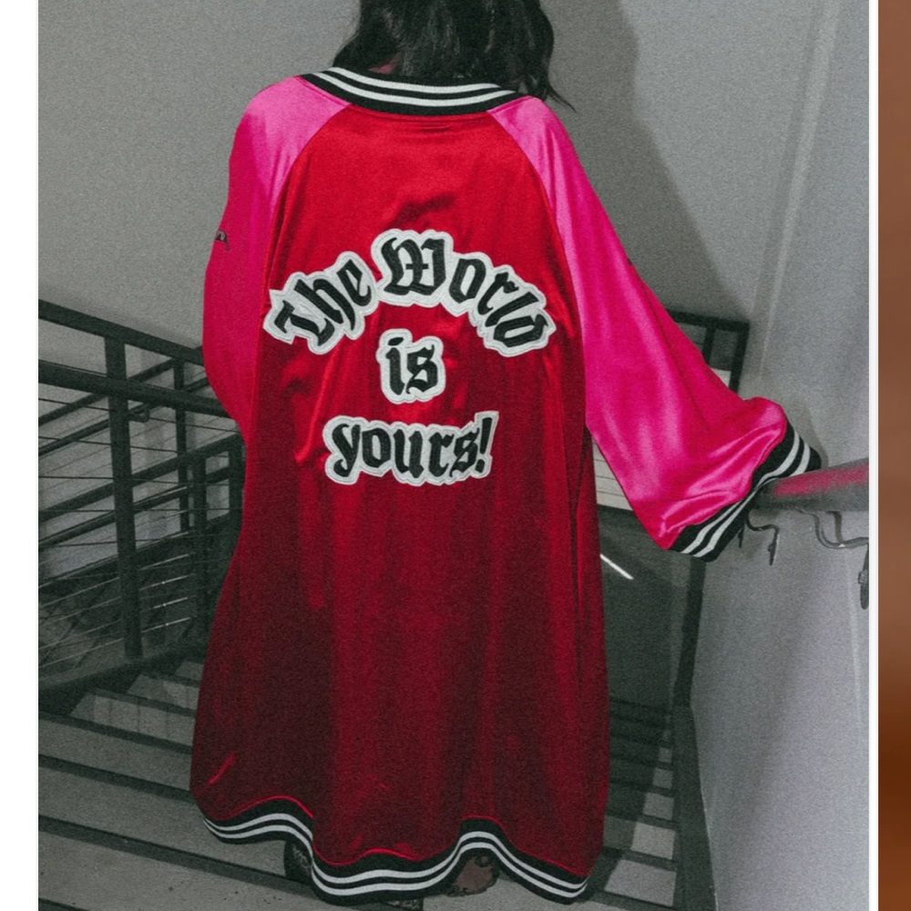 Dressed in LALA Two-Tone Red and Hot Pink Varsity Satin Jacket - Picture 6 of 8